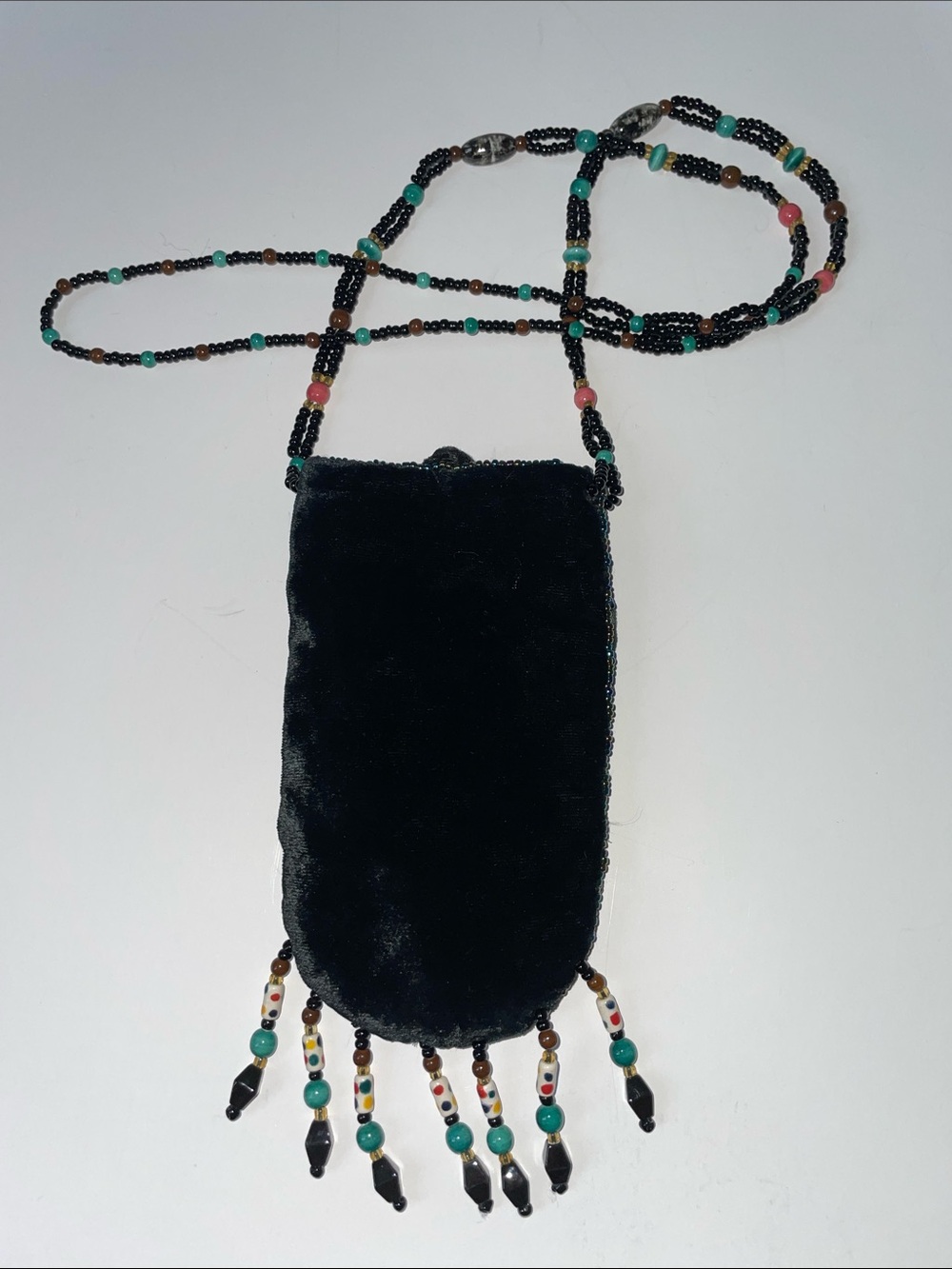 Vintage silk & Black Velvet Beaded Crossbody Pouch with Turquoise Accent - Picture 6 of 8